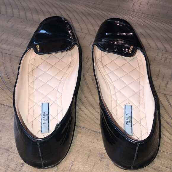 Prada Gold Logo Patent Leather Loafers Quilted Footbed. Sanitized and polished. - Picture 9 of 17